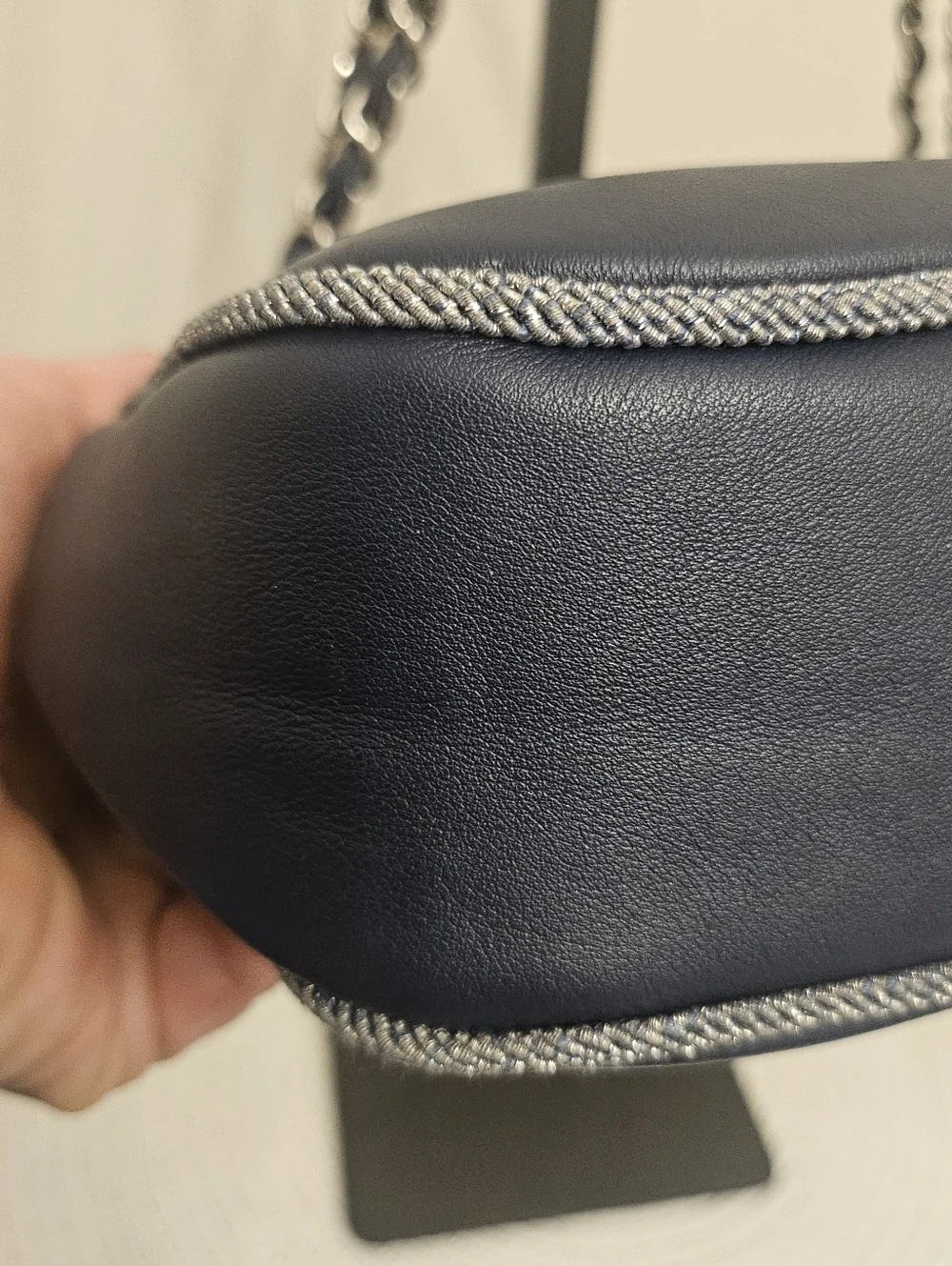 Chanel Navy Quilted Lambskin Flap Bag Silver Braided Trim Ruthenium Chain
